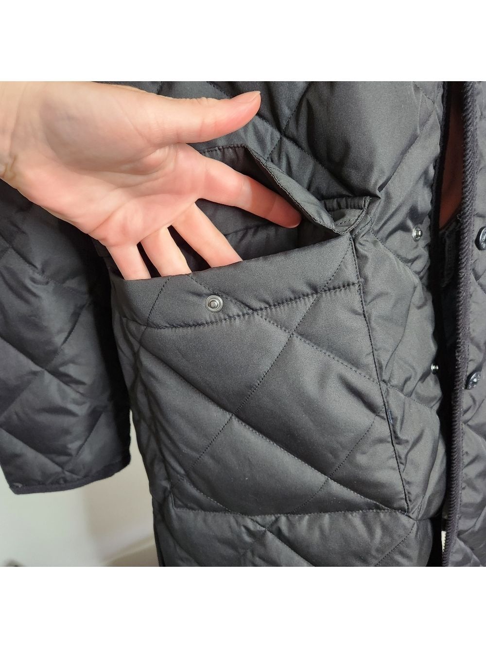 TAION City Chore Coat Black Quilted Piping Collar Long Down Coat Size S BNWT - Picture 9 of 16